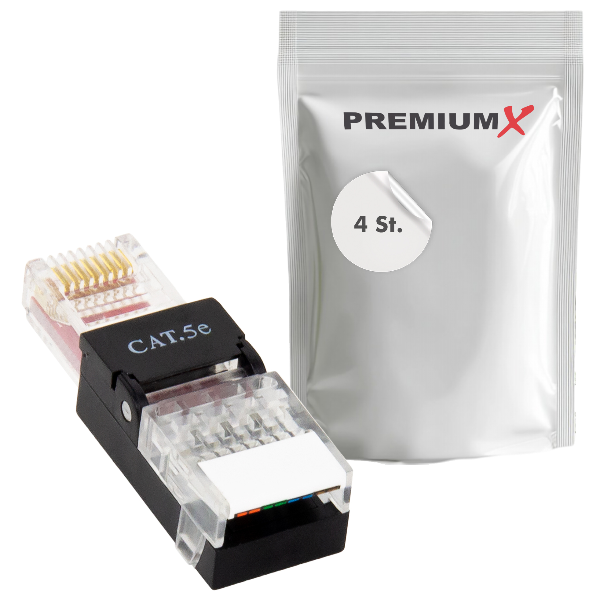 RJ45-Stecker und ein Beutel mit der Aufschrift 'PREMIUMX' und '4 St.'.