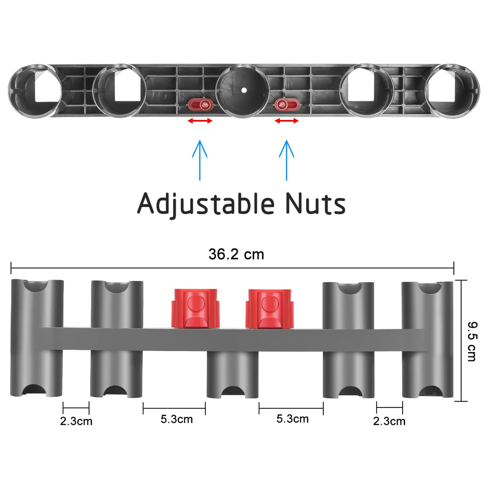 Graues Rack mit verstellbaren Muttern, zum Organisieren von Gegenständen, mit Maßangaben (36,2 cm, 9,5 cm usw.).