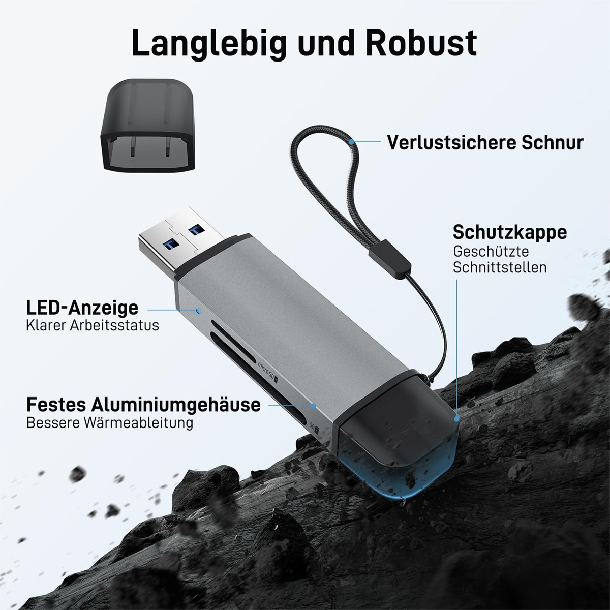 Ein silberner USB-Adapter mit Abdeckung, Schlüsselband und Text auf Deutsch.