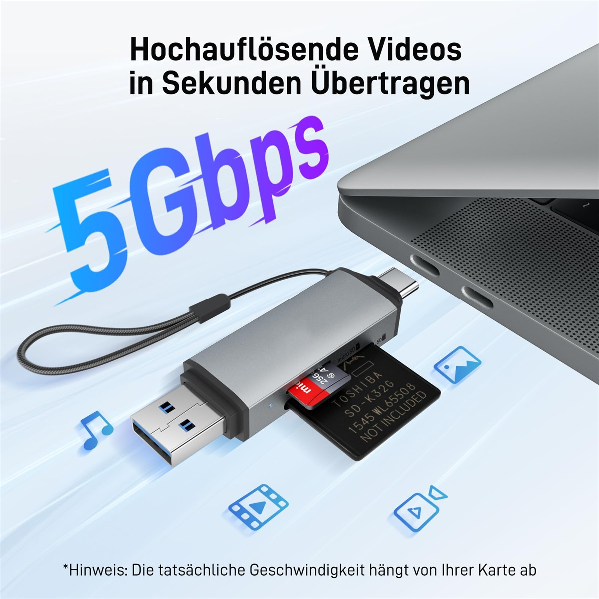 Ein silberner USB-C-Adapter mit microSD-Karte und USB-Anschluss, Text und Icons.