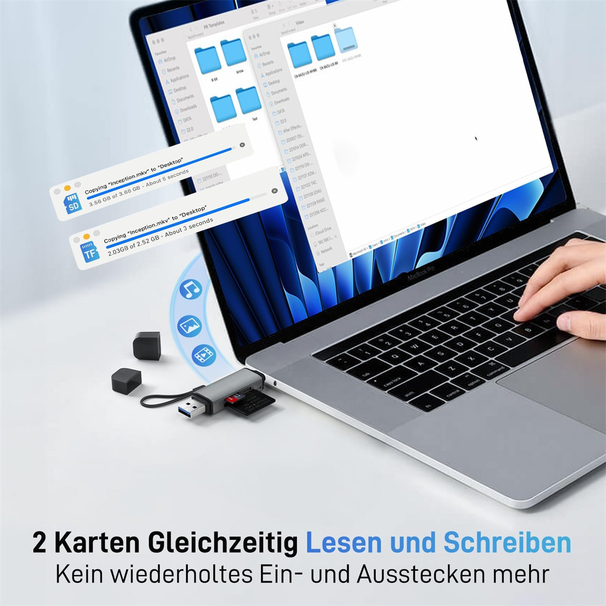 Laptop mit angeschlossenem USB-Hub, zeigt Dateiübertragung von SD/TF-Karten. Text: gleichzeitiges Lesen/Schreiben.