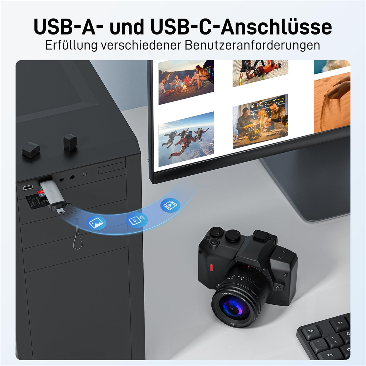 Ein Computer-Setup mit einer Kamera, einem Monitor mit Fotos, einer Tastatur und einer Maus.