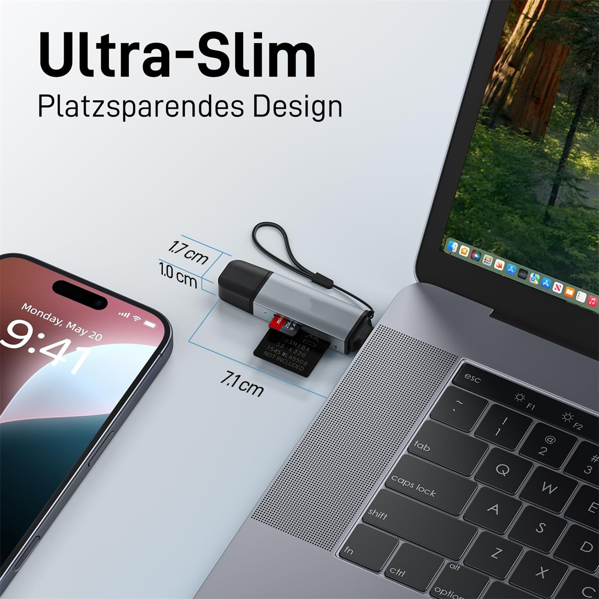 Smartphone neben Laptop, mit SD-Kartenleser. Text: Ultra-Slim, Platzsparendes Design und Maße.