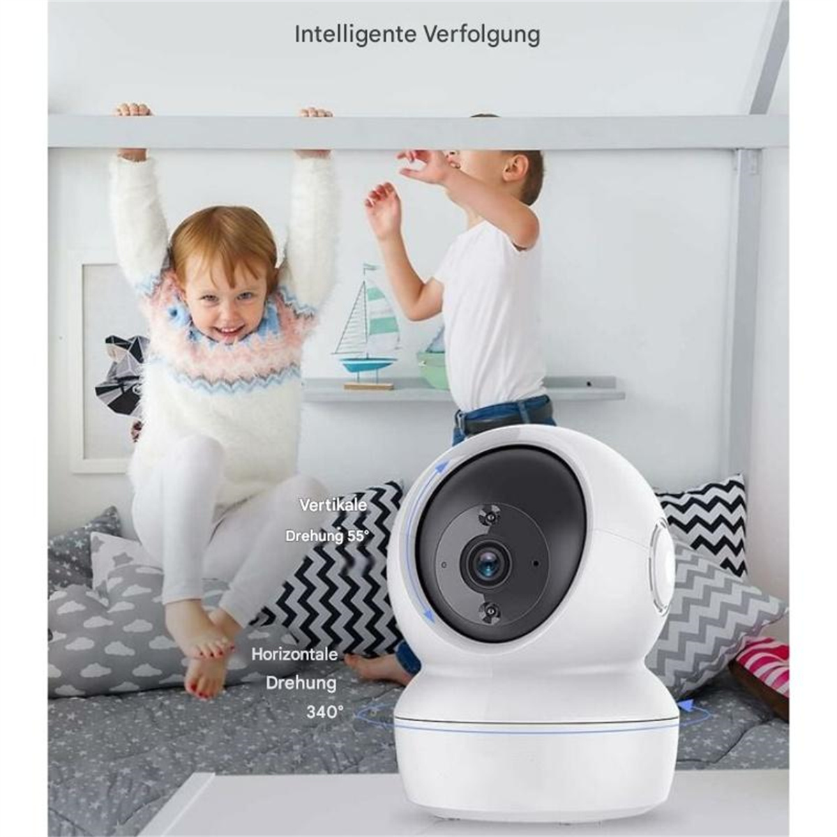 Zwei Kinder spielen in der Nähe einer weißen Überwachungskamera. Text: Intelligente Verfolgung.