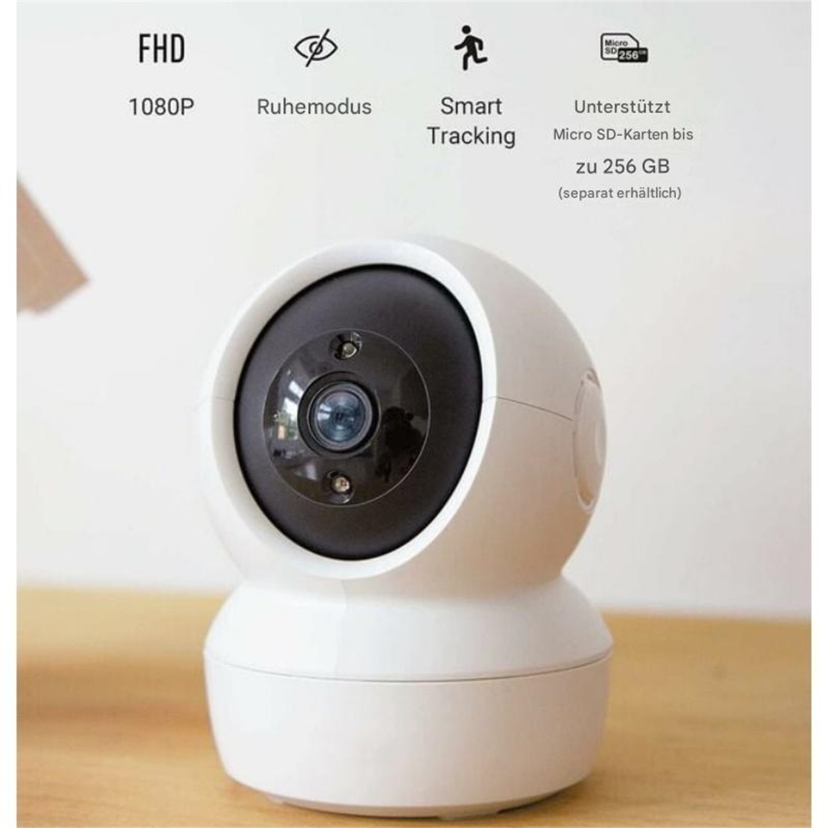 Weiße Überwachungskamera mit Funktionen wie FHD, Smart Tracking und Micro-SD-Karte.