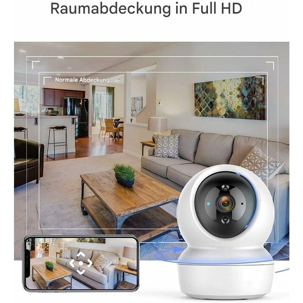 Eine weiße Überwachungskamera mit Blick auf ein Wohnzimmer und ein Telefon mit derselben Ansicht.