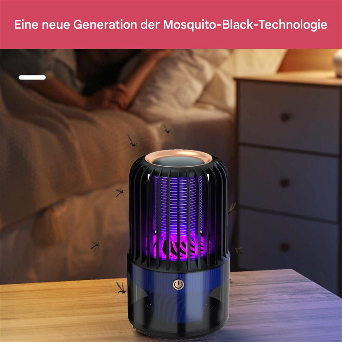 Mosquito-Black-Technologie-Gerät mit violettem Licht und herumfliegenden Mücken.