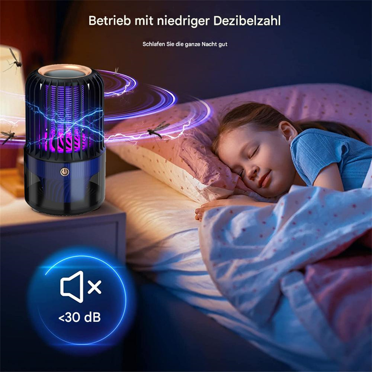 Eine Mücken-Falle und ein schlafendes Mädchen, mit einem Schallpegelanzeiger <lt/>30 dB.