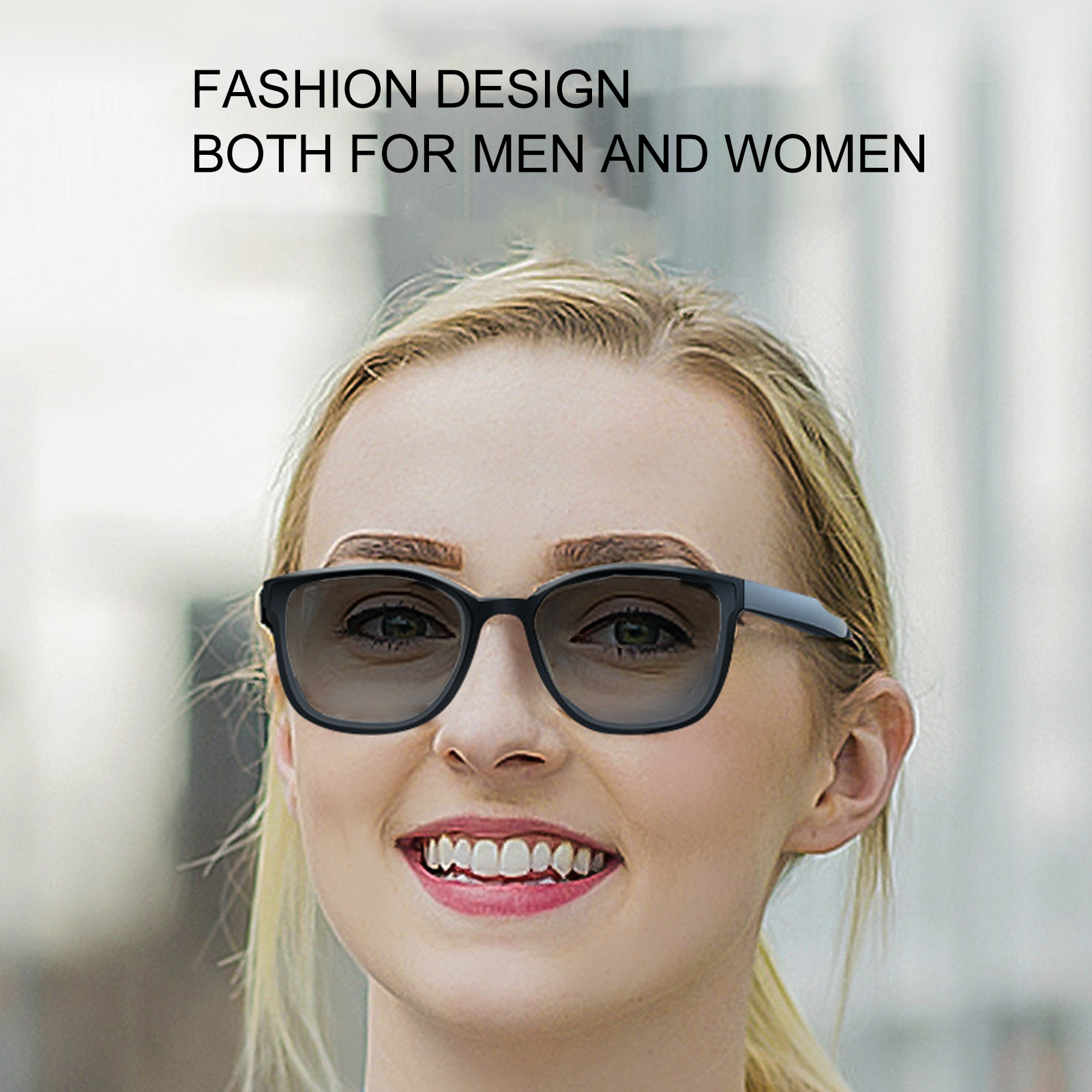 Eine lächelnde Frau mit schwarz gerahmter Sonnenbrille. Text oben: 'Modedesign für Männer und Frauen'.
