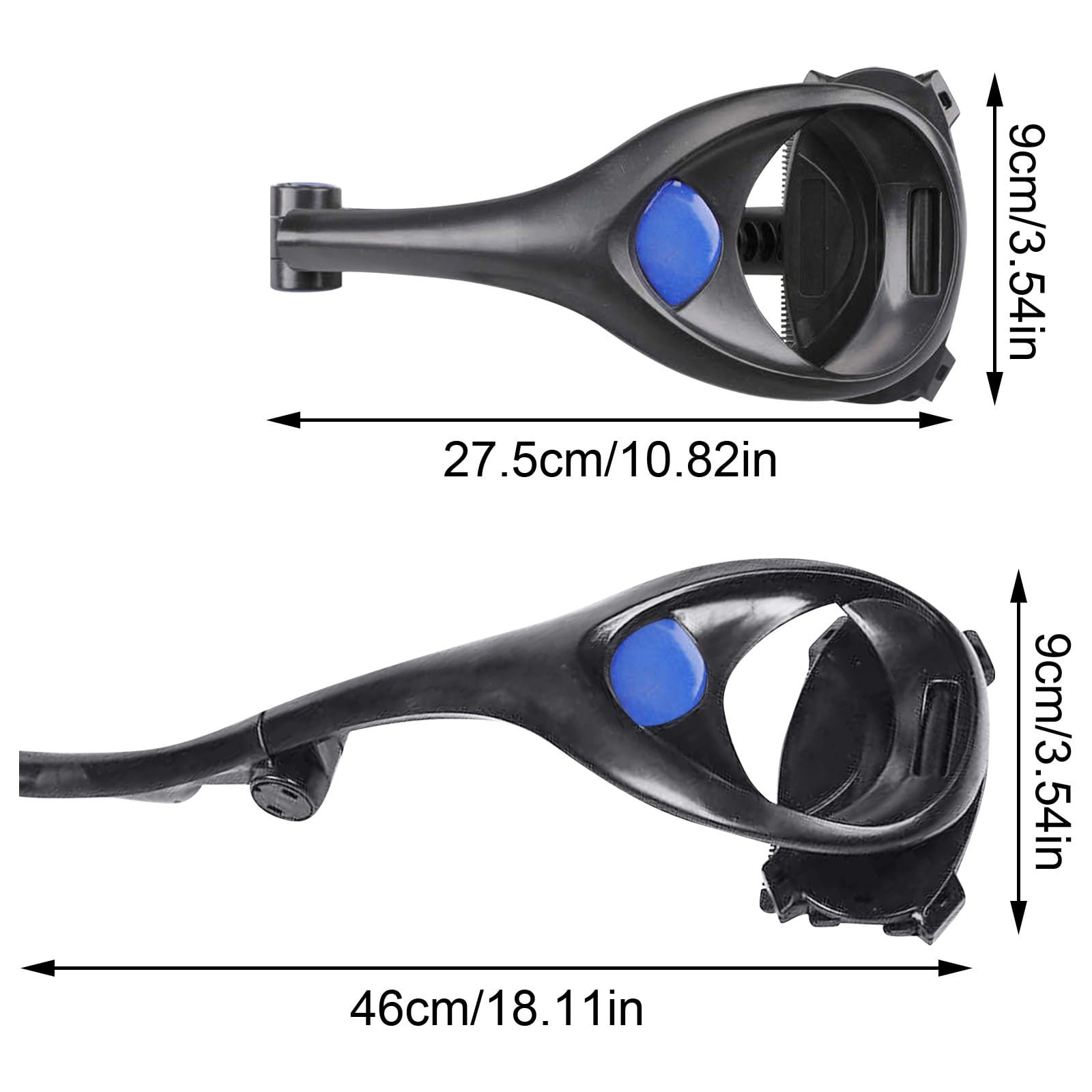 Zwei schwarze Golfschwungtrainer mit blauen Knöpfen und Maßen, weißer Hintergrund.