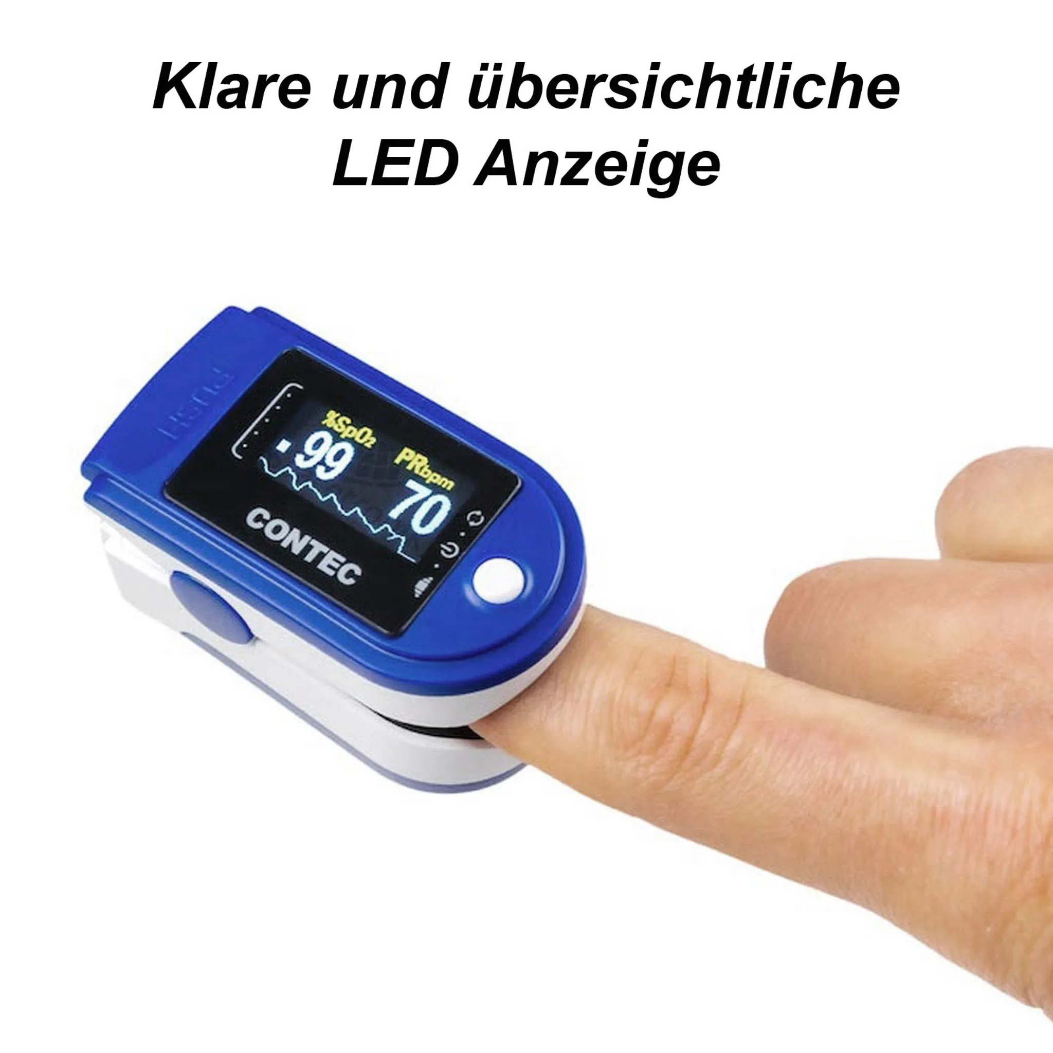 Ein Finger mit einem Pulsoximeter, das Messwerte anzeigt.