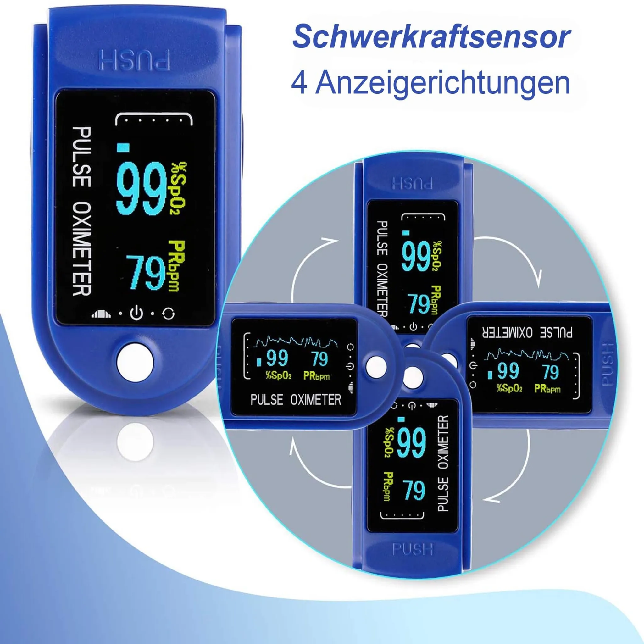 Blauer Pulsoximeter mit Anzeige, zeigt verschiedene Ausrichtungen.