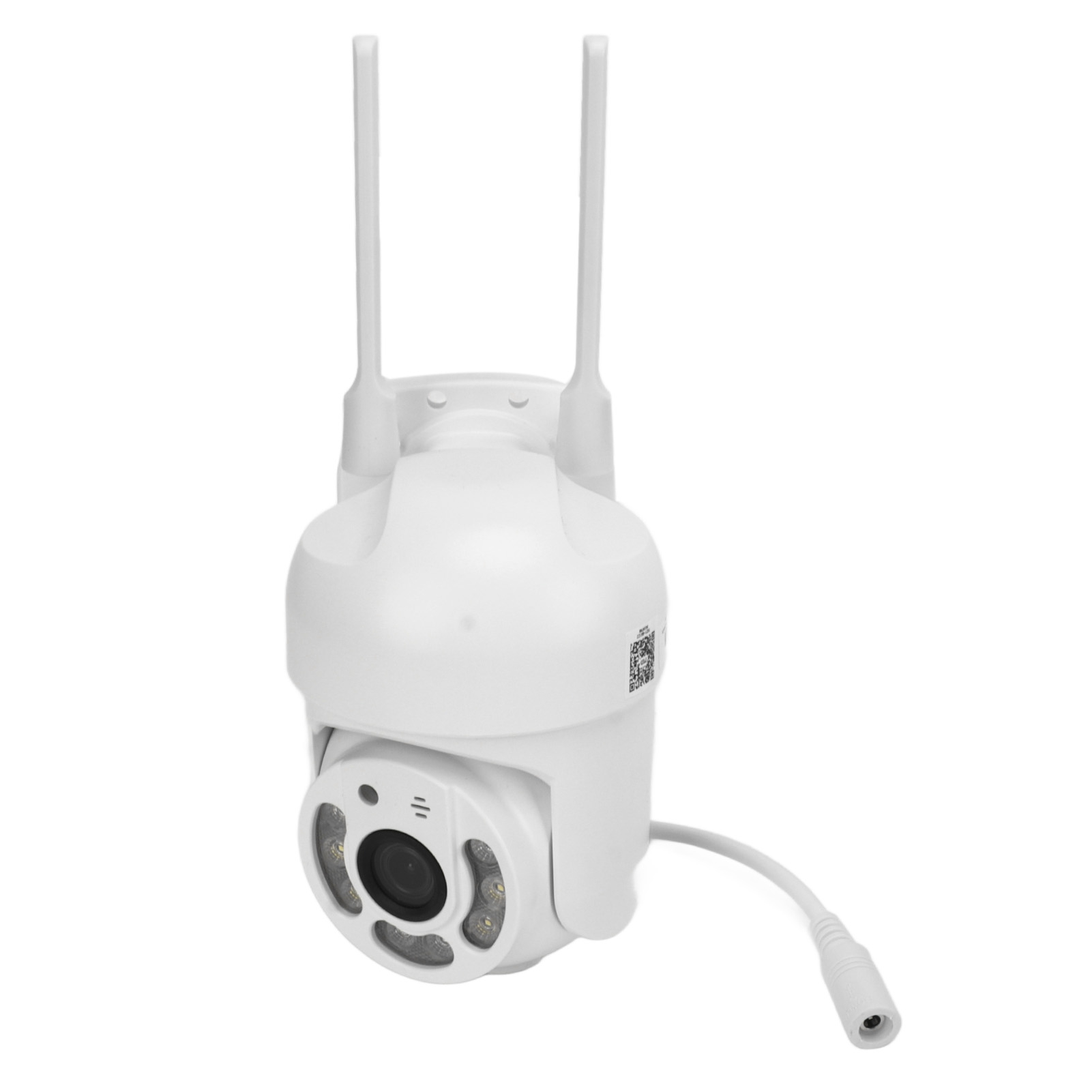 Weiße Überwachungskamera mit zwei Antennen, einem Kameraobjektiv und einem weißen Kabel.