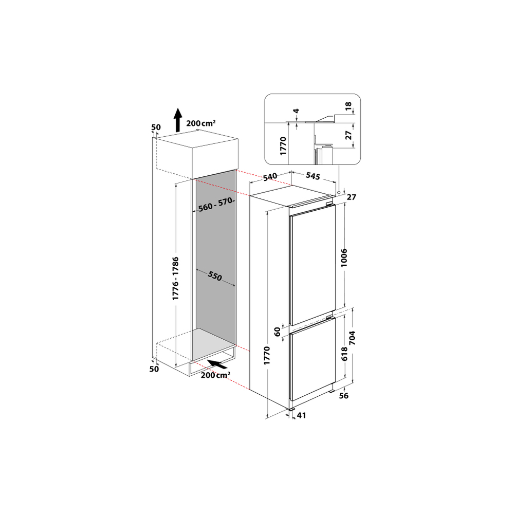 Disegno tecnico di un frigorifero con dimensioni e dettagli su sfondo bianco.