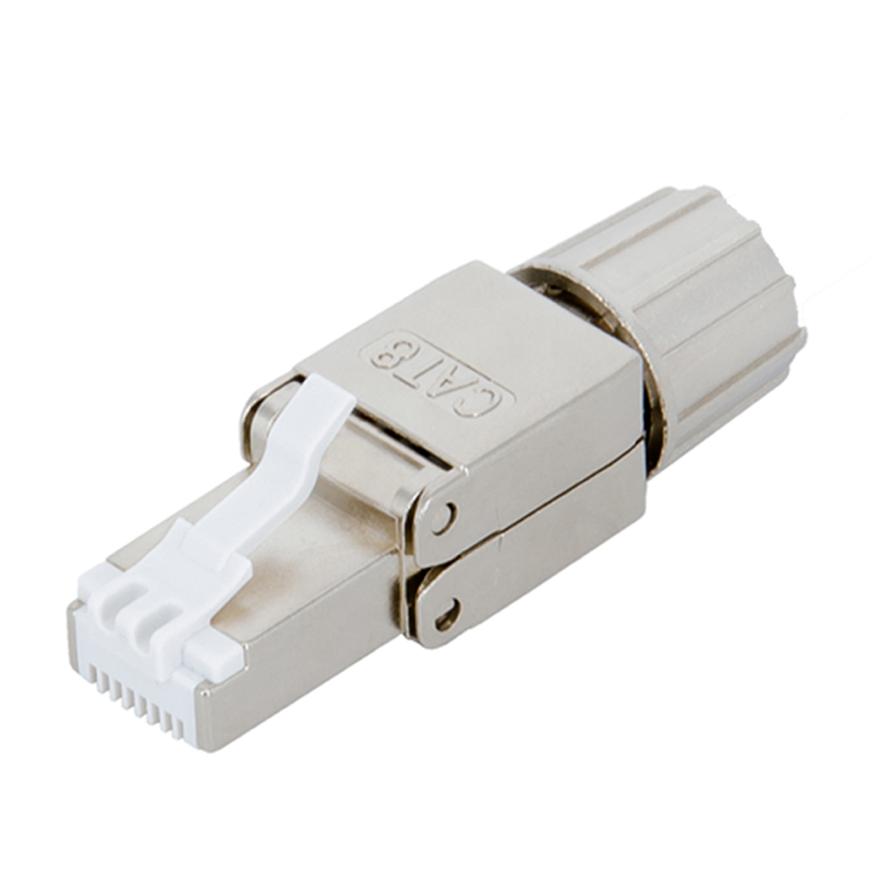 Metall-RJ45-Stecker mit weißem Clip, Nahaufnahme auf weißem Hintergrund.