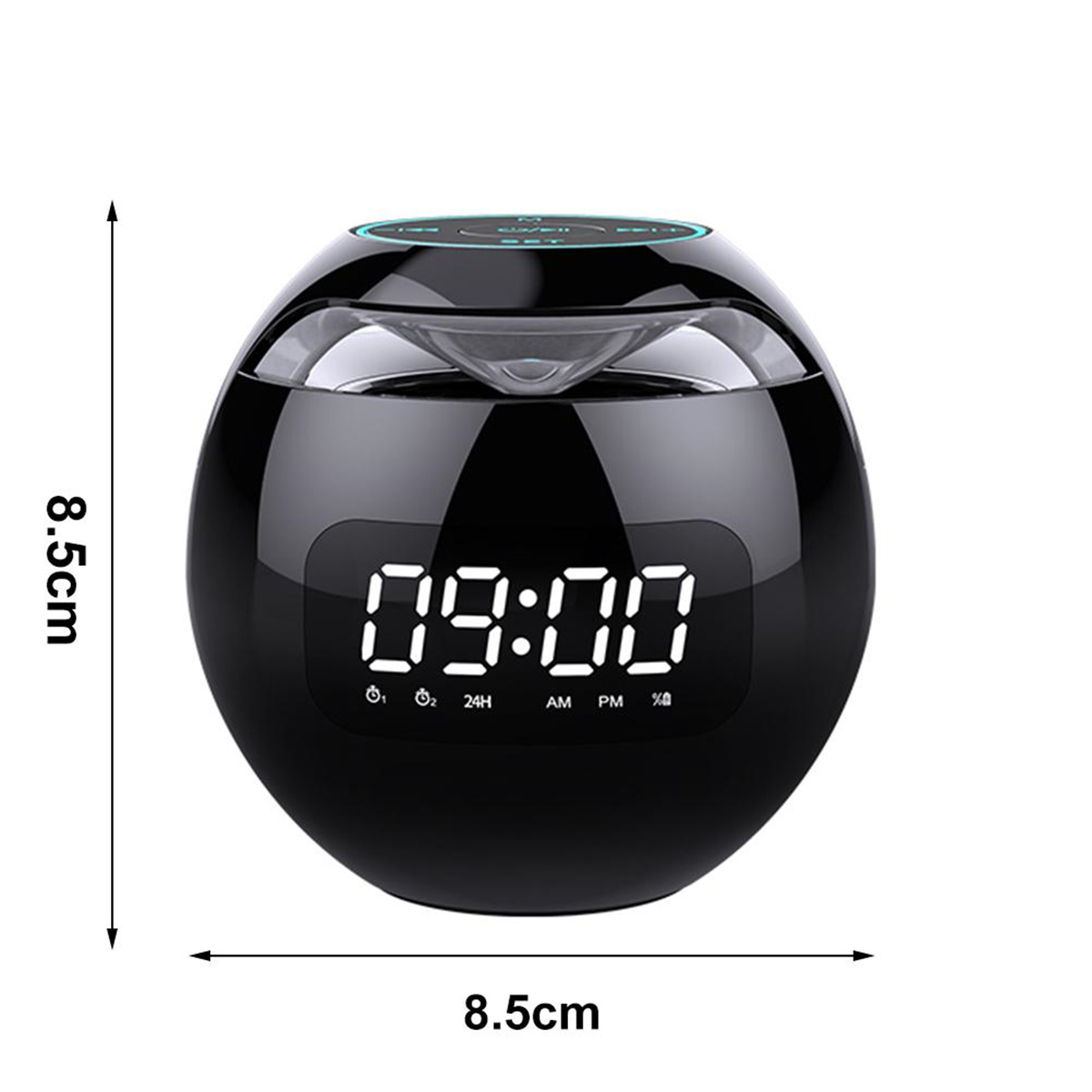 Eine schwarze, kugelförmige Digitaluhr zeigt die Uhrzeit 09:00, mit Abmessungen.