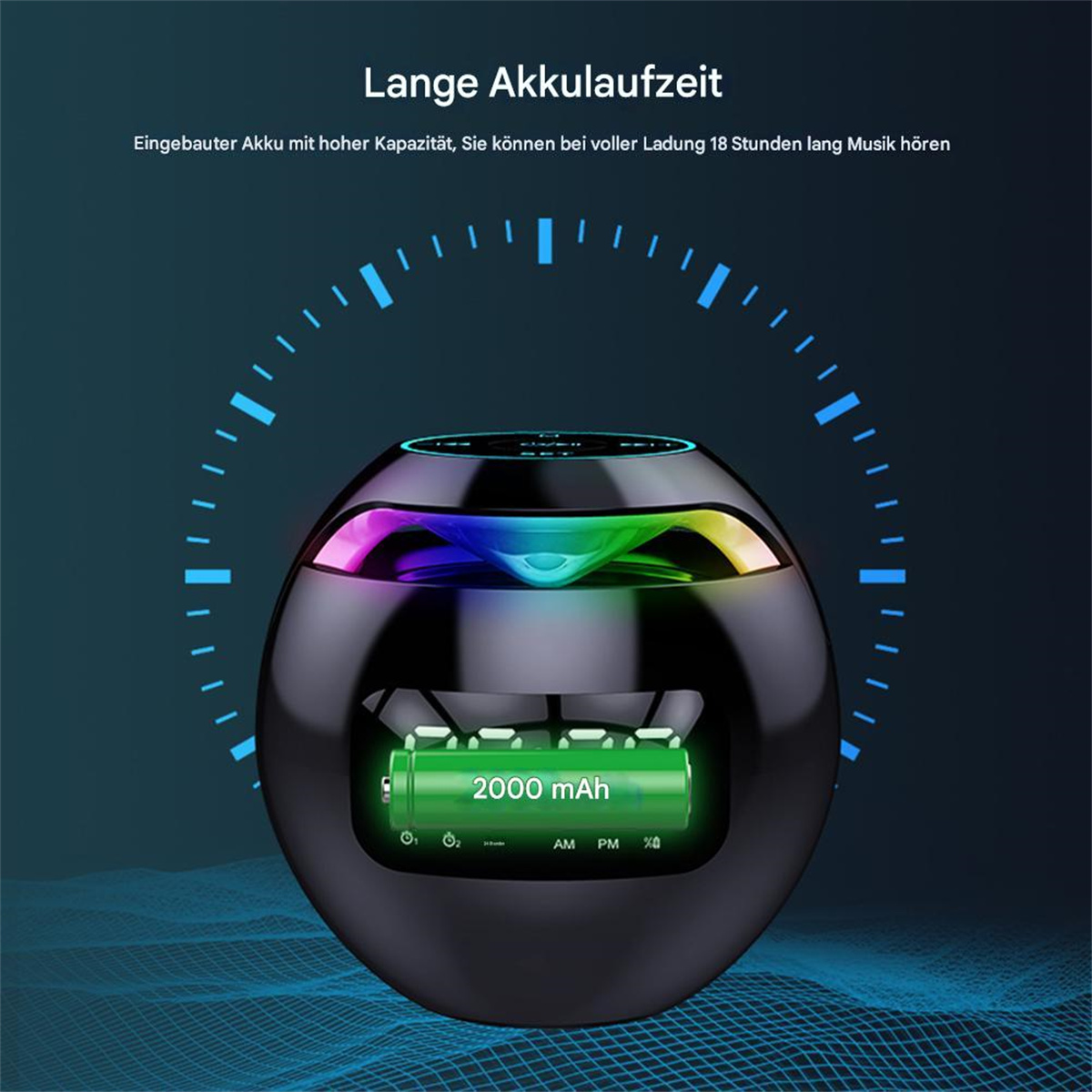 Schwarzer, runder Lautsprecher mit Licht, einem Batteriesymbol und einer 2000 mAh Batterieillustration.