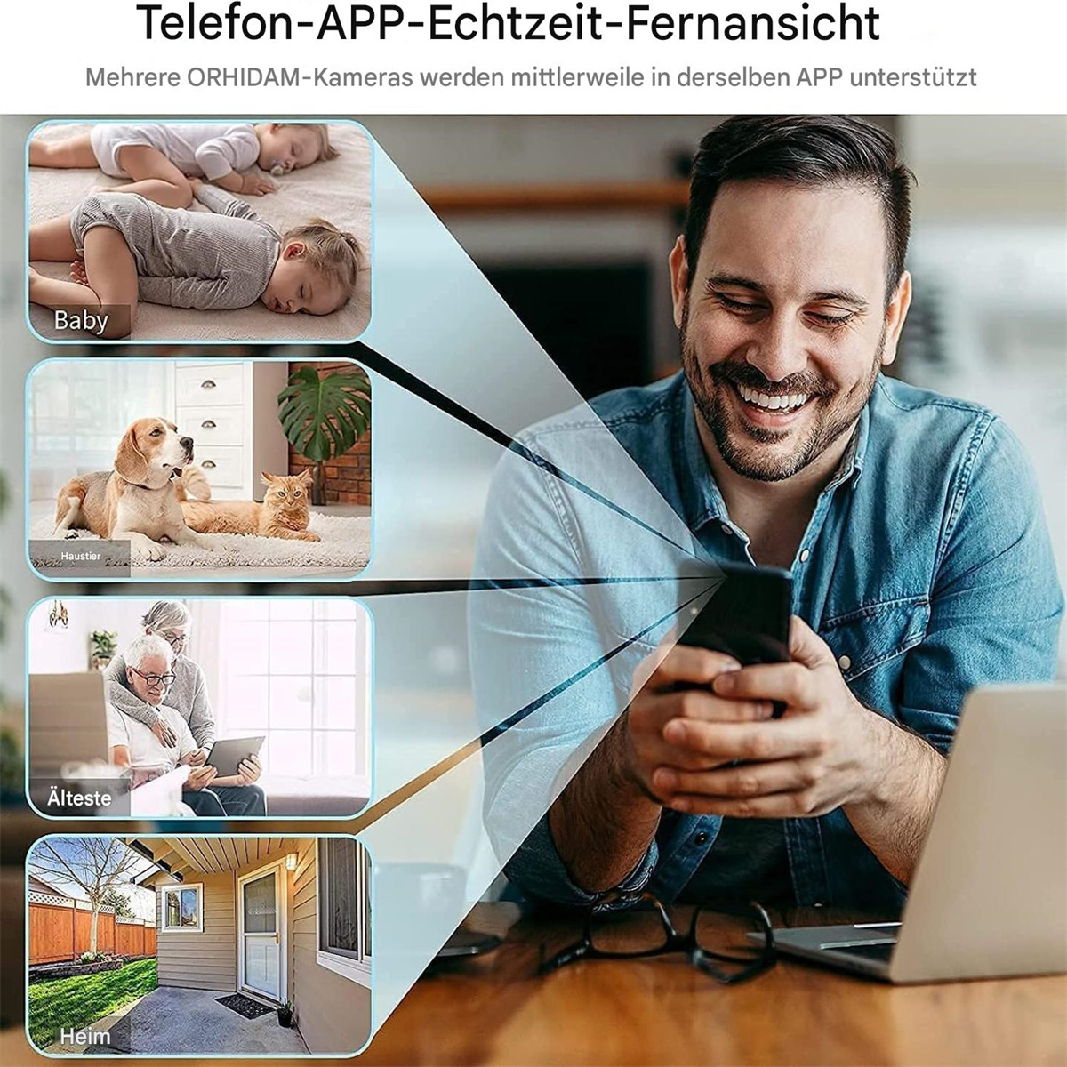 Ein Mann lächelt auf einem Telefonbildschirm, der Live-Kamerafeeds zeigt.