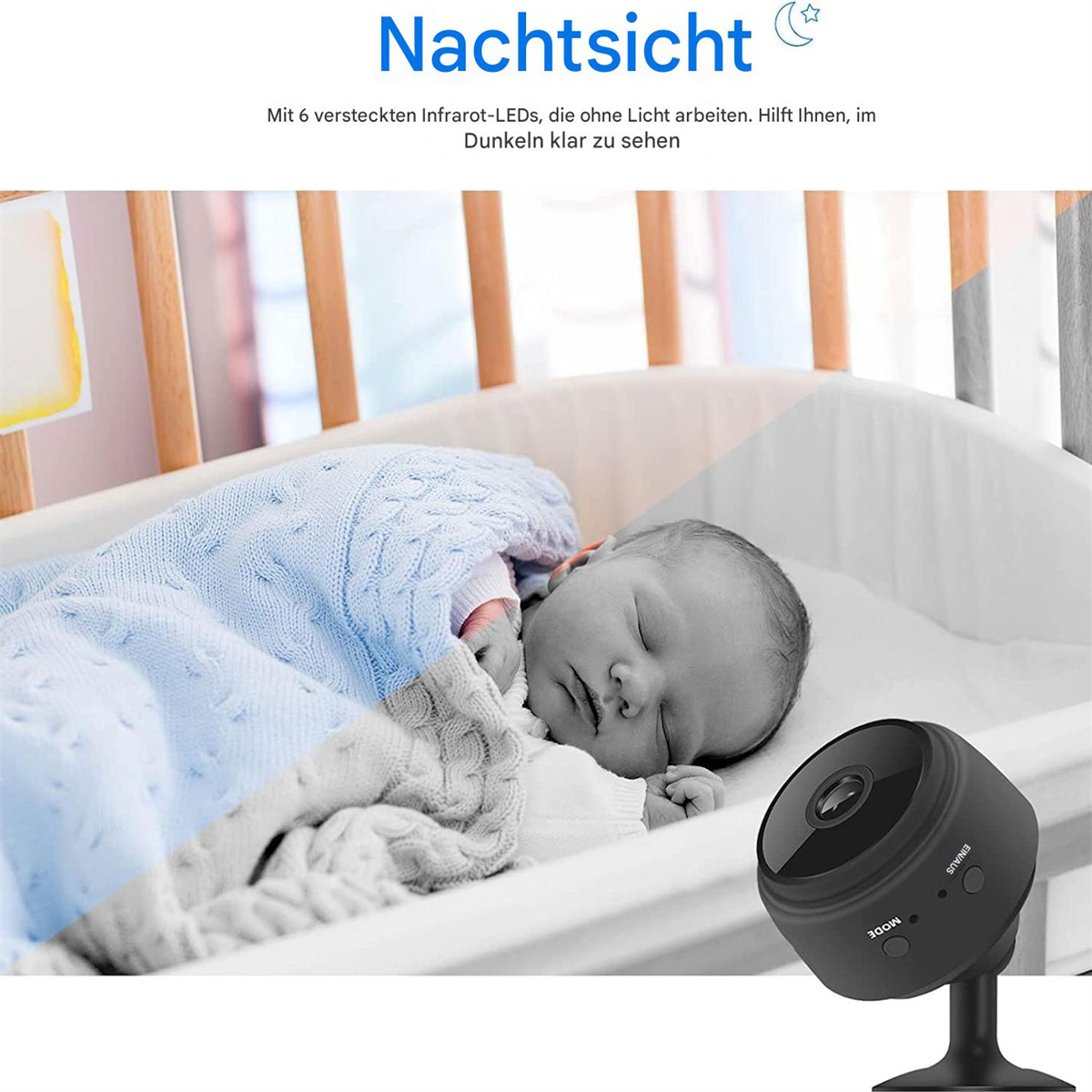 Ein Baby schläft in einem Kinderbett. Eine schwarze Kamera befindet sich in der unteren rechten Ecke.