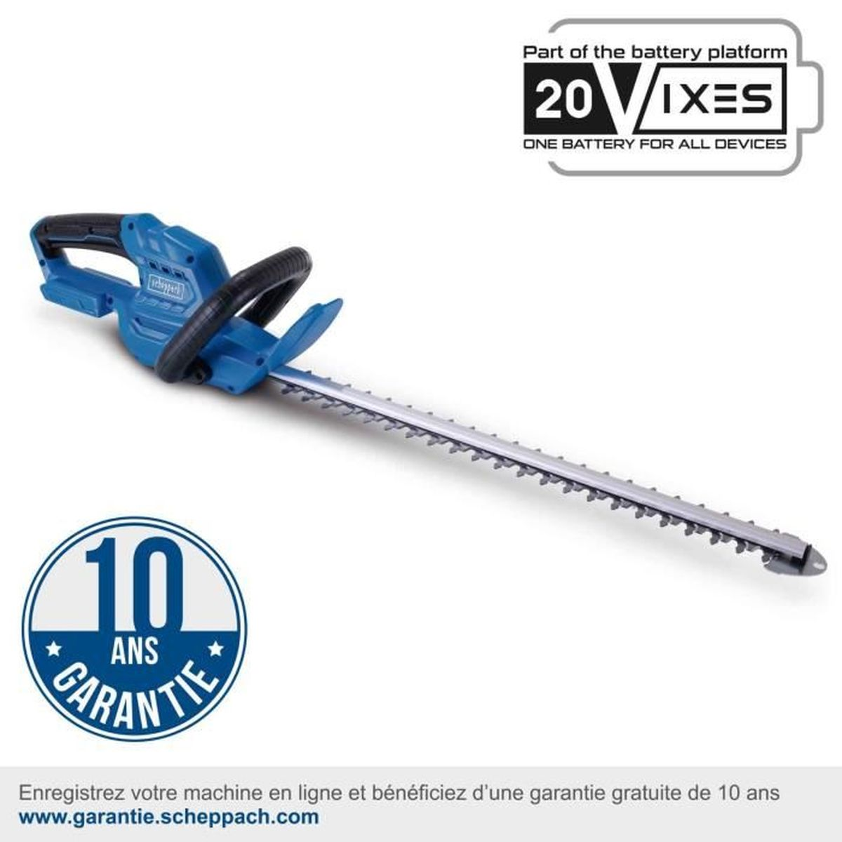 Eine blau-schwarze Heckenschere mit schwarzem Griff. Sie hat eine silberne Klinge und 10 Jahre Garantie.
