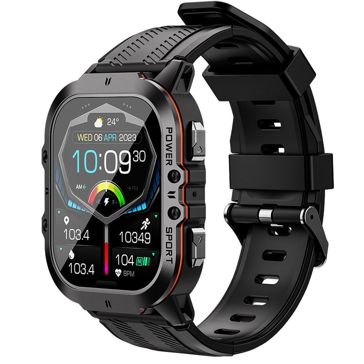 Schwarze Smartwatch mit schwarzem Armband, zeigt Zeit, Datum und Gesundheitsmetriken. Weißer Hintergrund.