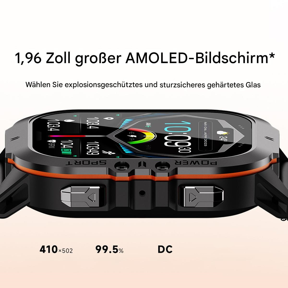 Smartwatch: schwarz, orangefarbene Akzente, Daten auf dem Bildschirm.