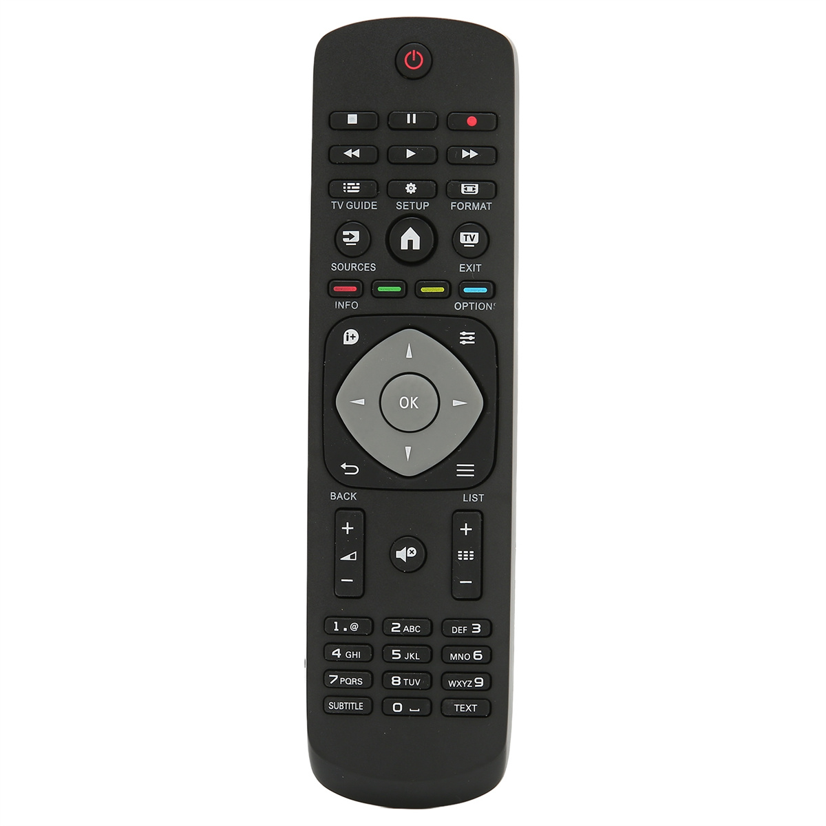 Schwarze Fernbedienung mit mehreren Tasten. Enthält TV-Guide, Setup, Lautstärke und Zifferntasten.
