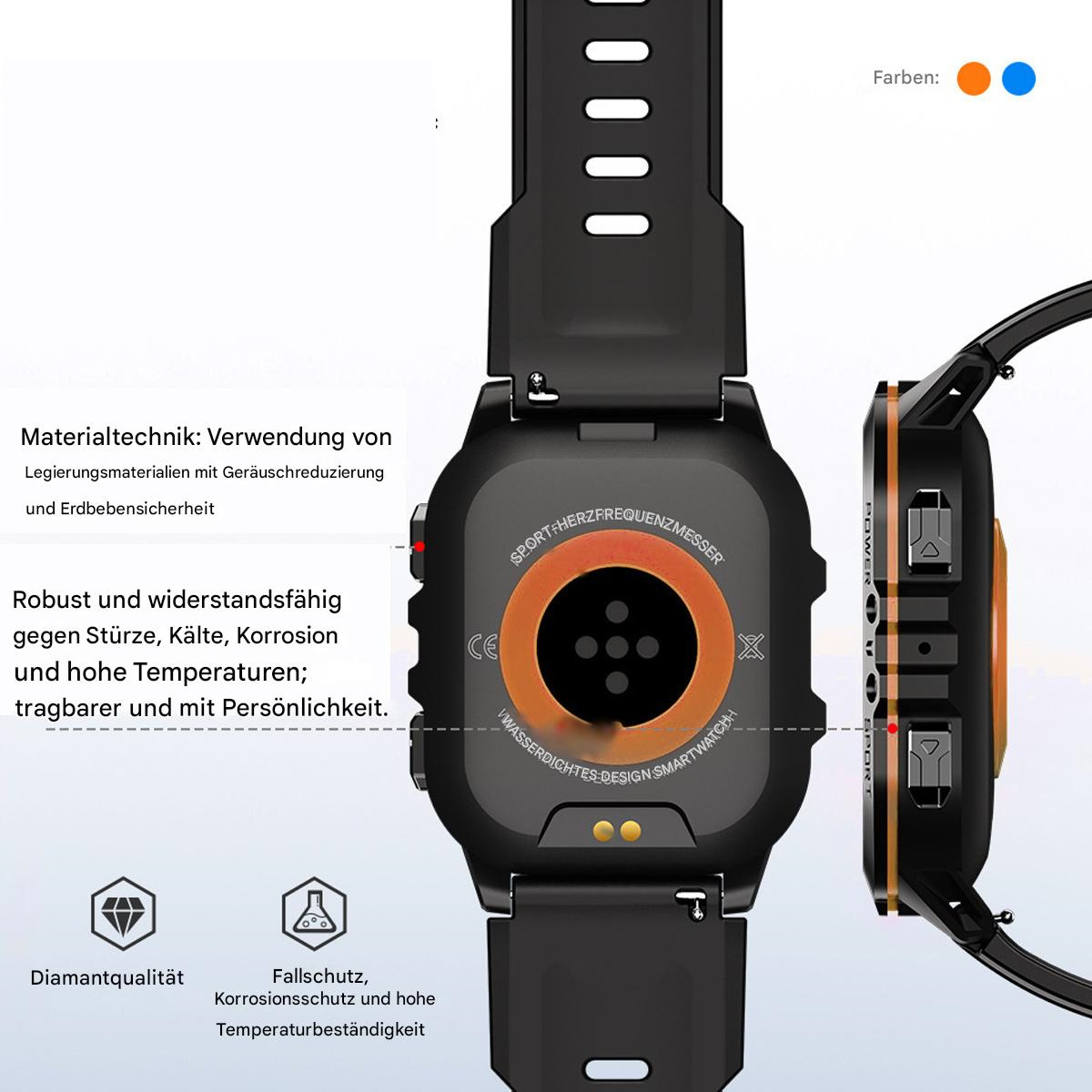 Schwarze und orangefarbene Smartwatch, die die Rückseite mit Text und Symbolen zeigt.