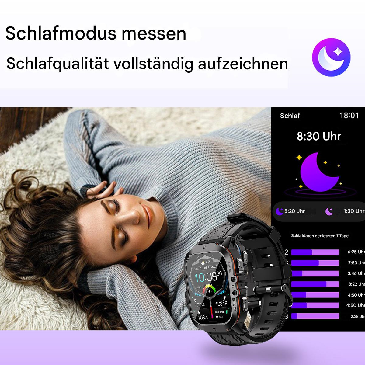 Eine Person, die eine Smartwatch trägt, zeigt Schlafdaten auf einem Teppich.