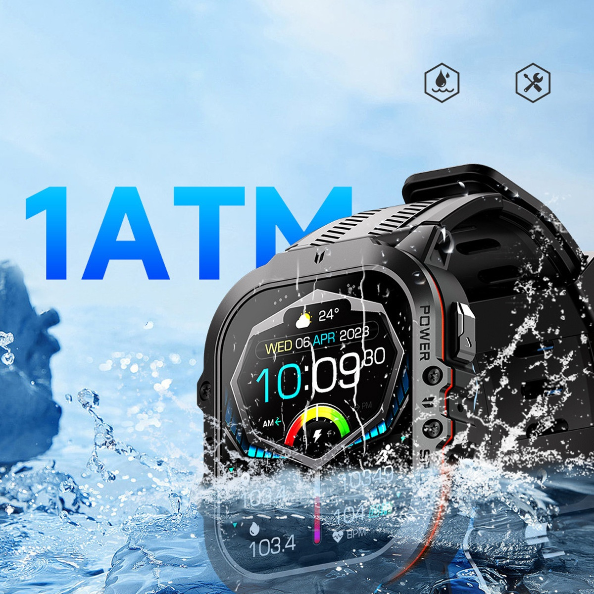 Eine schwarz-graue Smartwatch, die die Zeit und andere Gesundheitsdaten anzeigt, Wasserspritzer.