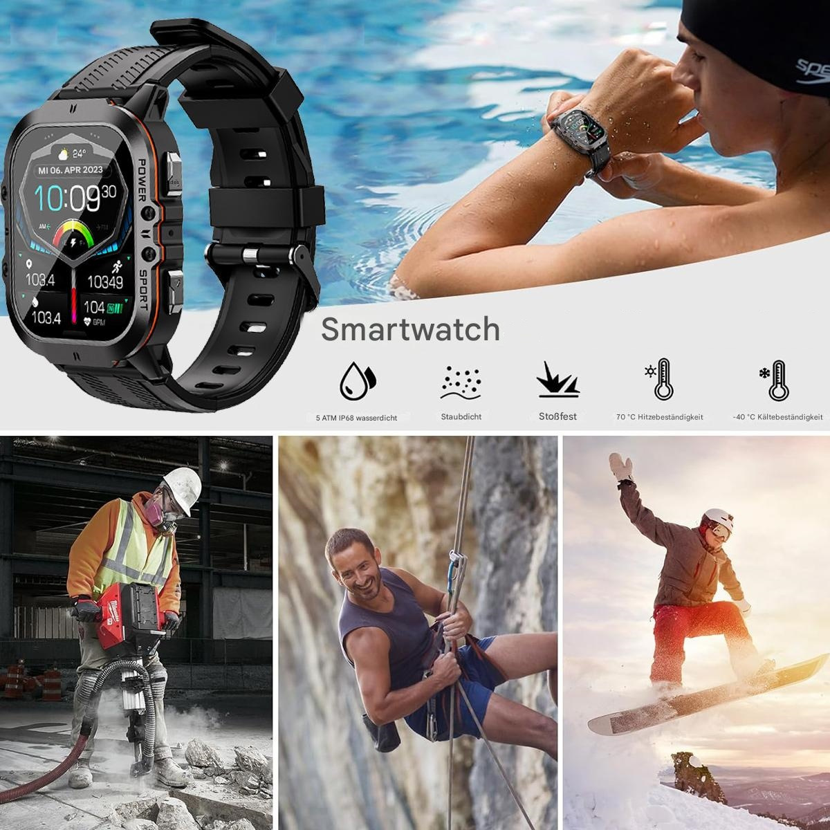 Smartwatch mit Bildern, die Wasserbeständigkeit, Haltbarkeit und Temperaturbeständigkeit zeigen.