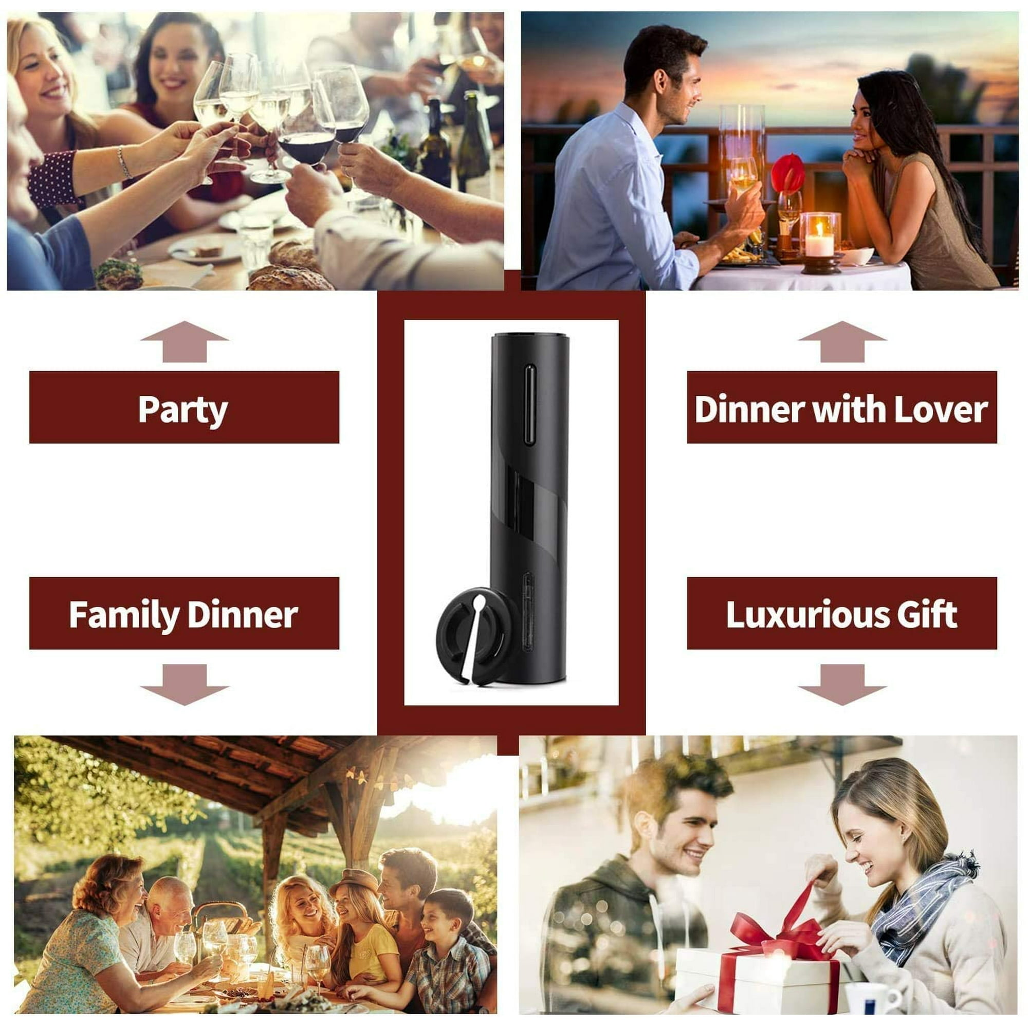 Eine Collage mit einem Weinöffner, der auf einer Party, beim Familienessen, beim Abendessen mit dem Partner und beim Schenken verwendet wird.