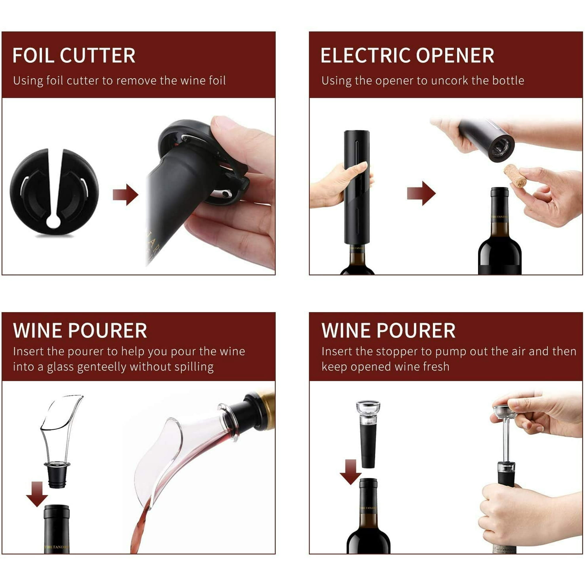 Vier Bilder mit Weinaccessoires: Folienschneider, elektrischer Öffner, Ausgießer und Stopper. Anweisungen sind bereitgestellt.