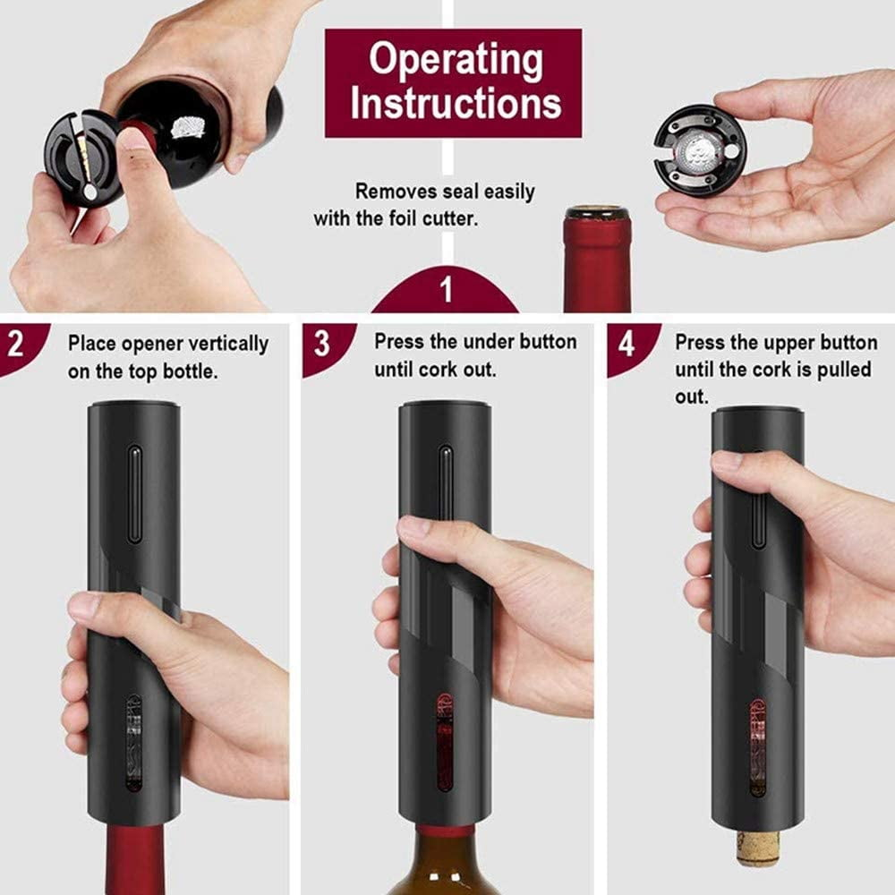 Anweisungen zur Verwendung eines Weinöffners. Zeigt den Folienschneider und Schritte zum Entkorken einer Flasche.