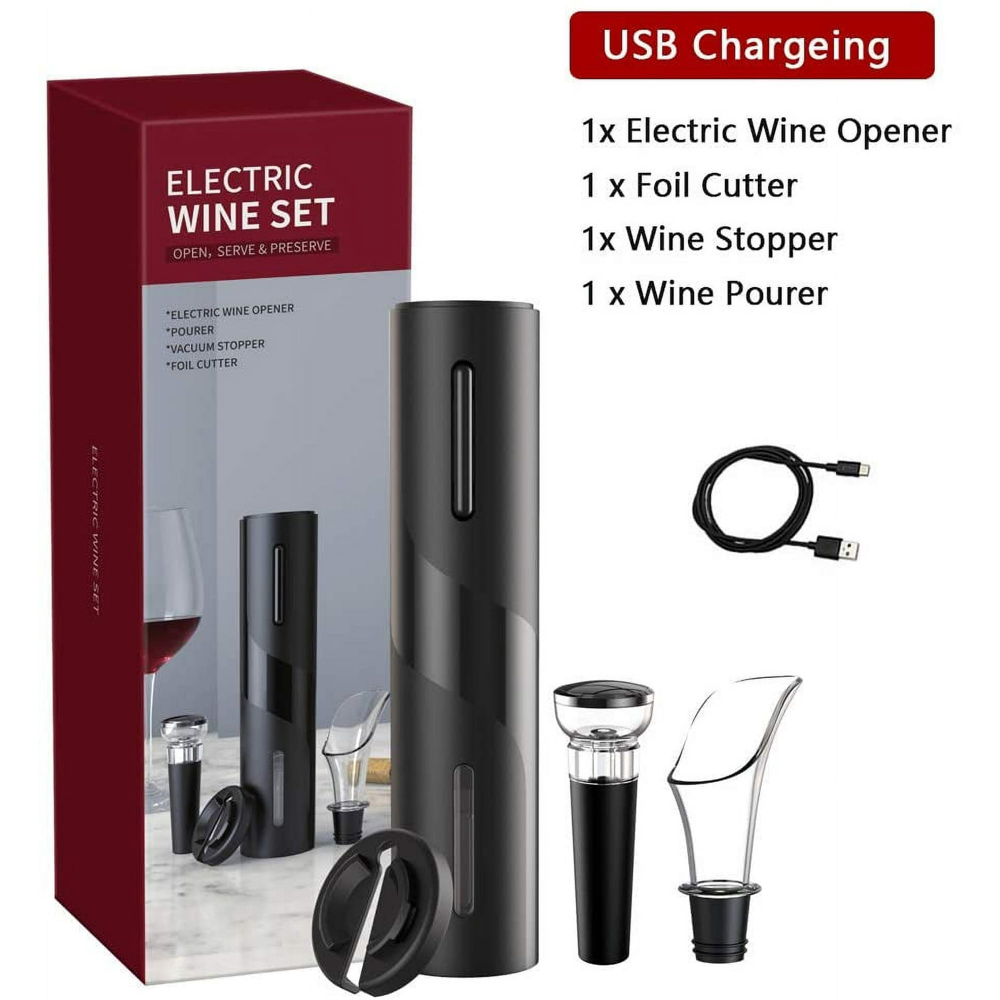 Elektrisches Weinset mit Weinöffner, Folienschneider, Stopper und Ausgießer, präsentiert in einer roten Box.
