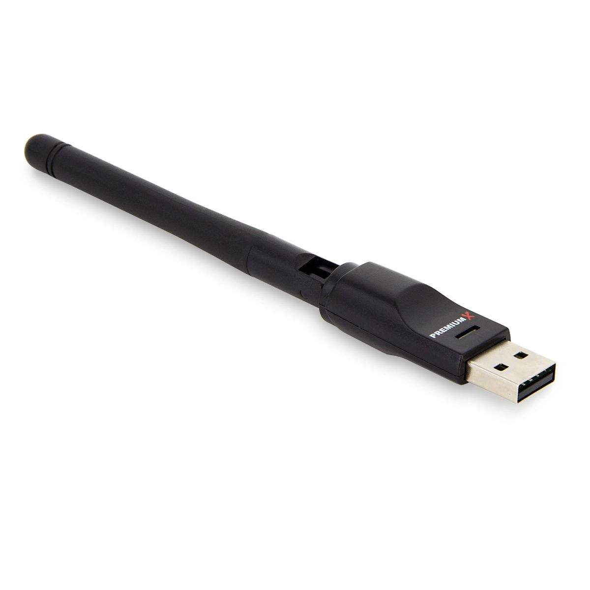 Schwarzer USB-WLAN-Adapter mit schwarzer Antenne. Er liegt auf einer weißen Oberfläche und ist einsatzbereit.