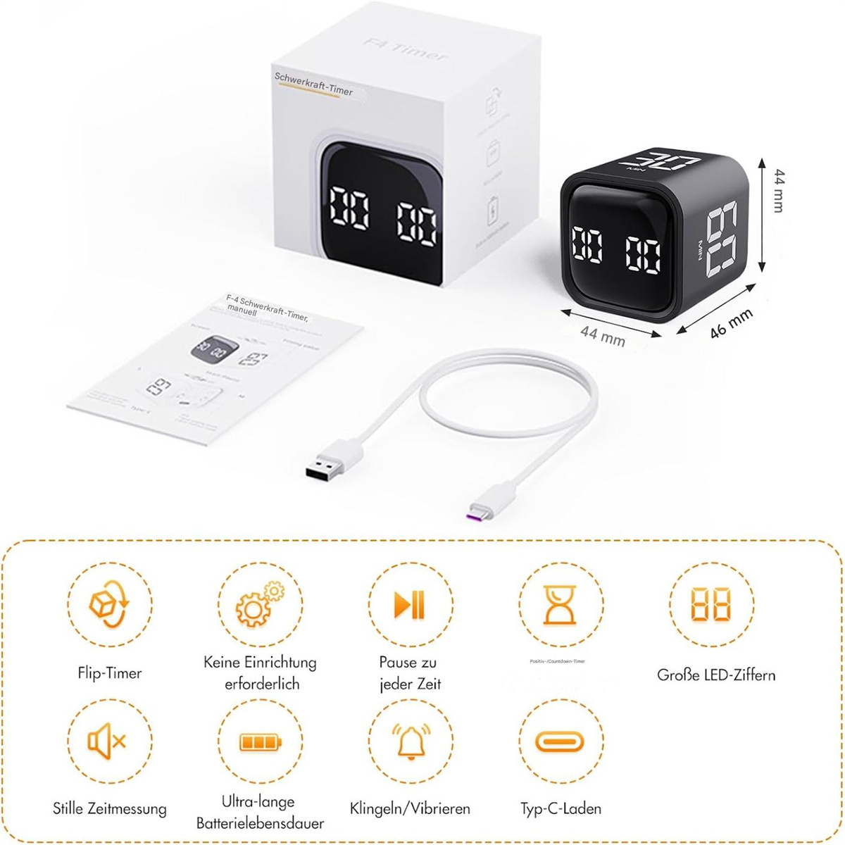 Würfel-Timer, Box mit Handbuch, USB-Kabel und Symbolen. Zeigt einen Countdown-Timer an.