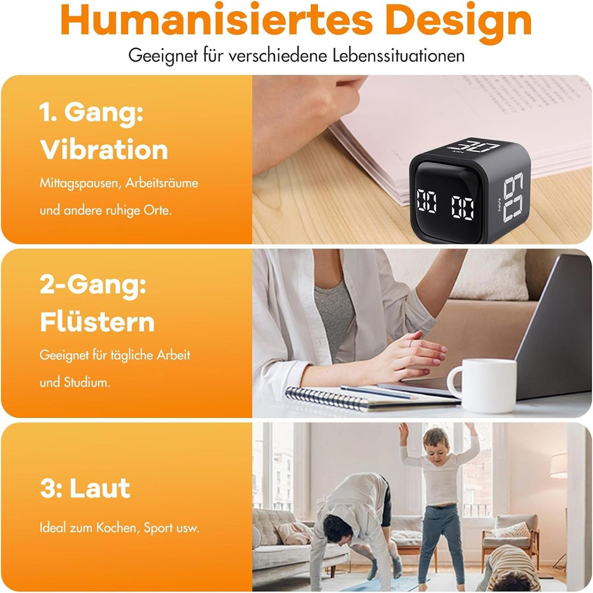 Ein Diagramm zeigt einen Würfel-Timer, der für Vibrationen, Flüstern und laute Szenarien verwendet wird.