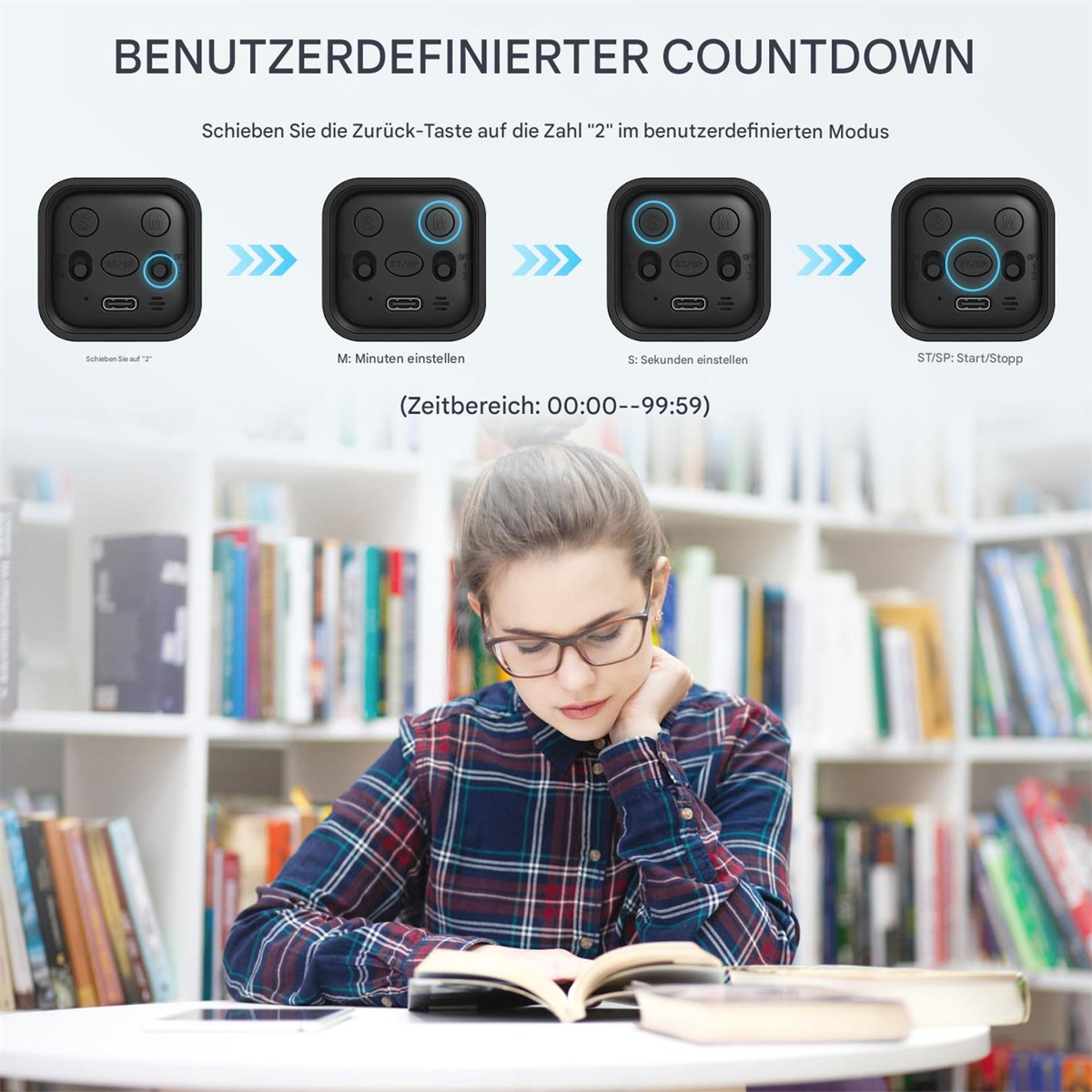 Eine Frau mit Brille liest ein Buch mit einem Timergerät.