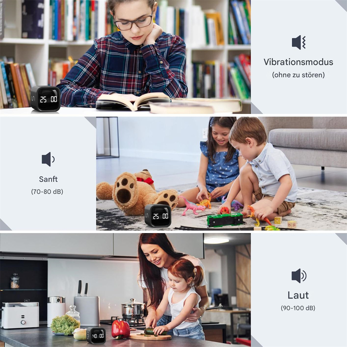 Bilder zeigen einen Timer, zwei spielende Kinder, eine Frau und ein Kind beim Kochen sowie Schallpegelanzeigen.