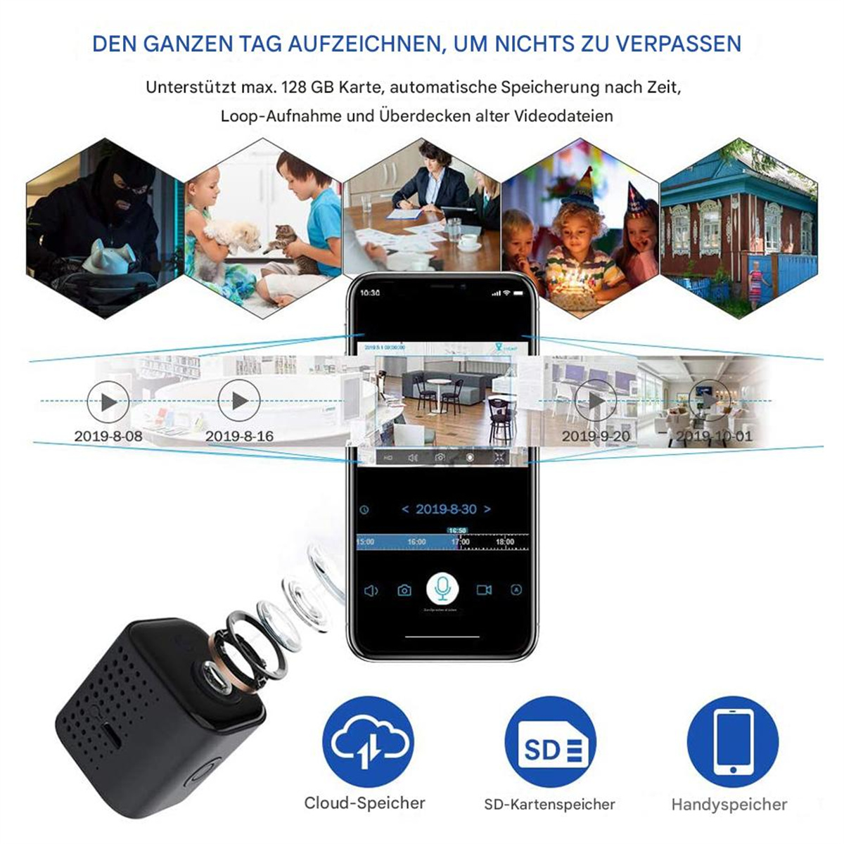 Eine Überwachungskamera mit Telefon, das Videomaterial anzeigt, mit Symbolen.