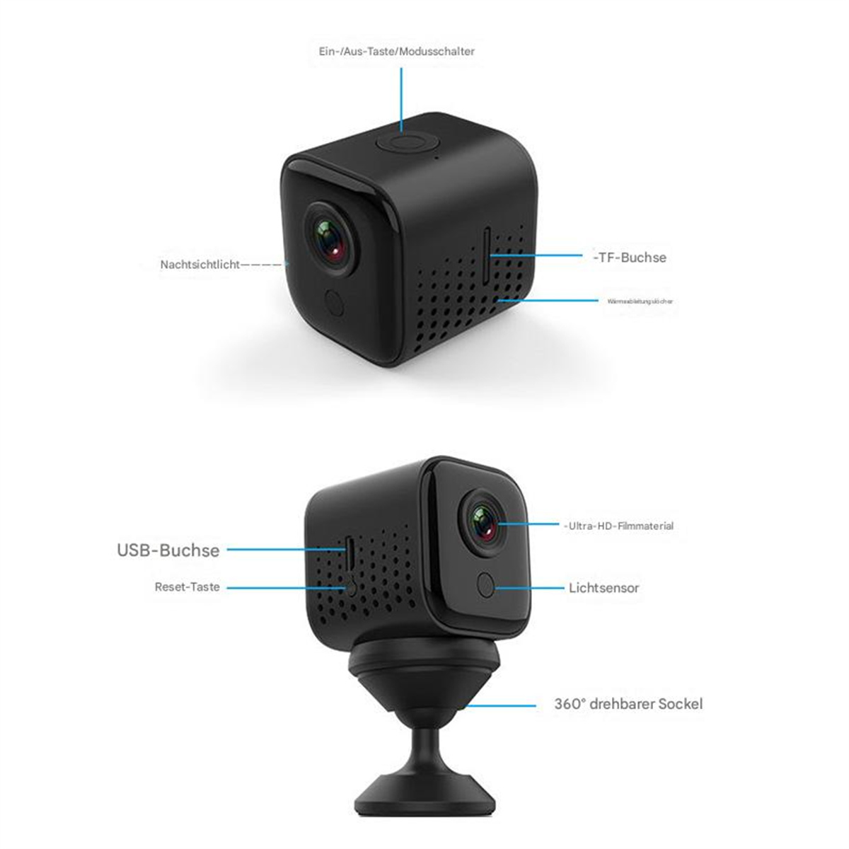 Zwei schwarze Überwachungskameras mit USB-Anschlüssen und anderen Funktionen werden gezeigt.