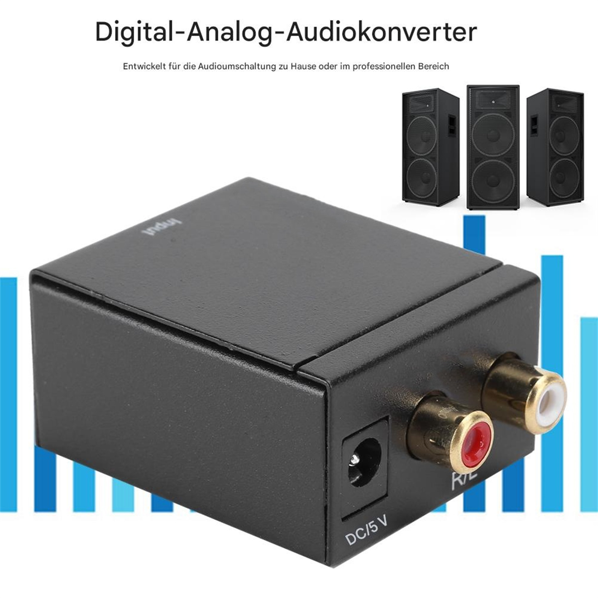Ein schwarzer Digital-Analog-Audiokonverter mit Eingangs- und Ausgangsanschlüssen.
