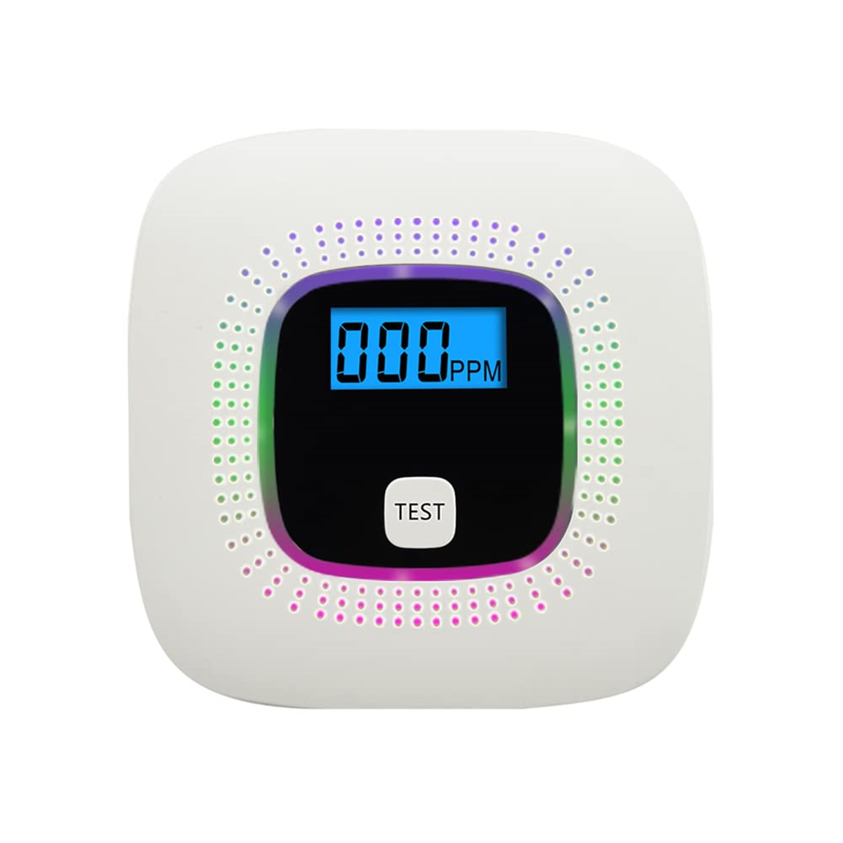 Weißer CO-Detektor mit blauem Display, das 000 PPM anzeigt. Er hat eine Testtaste und Belüftungsöffnungen.