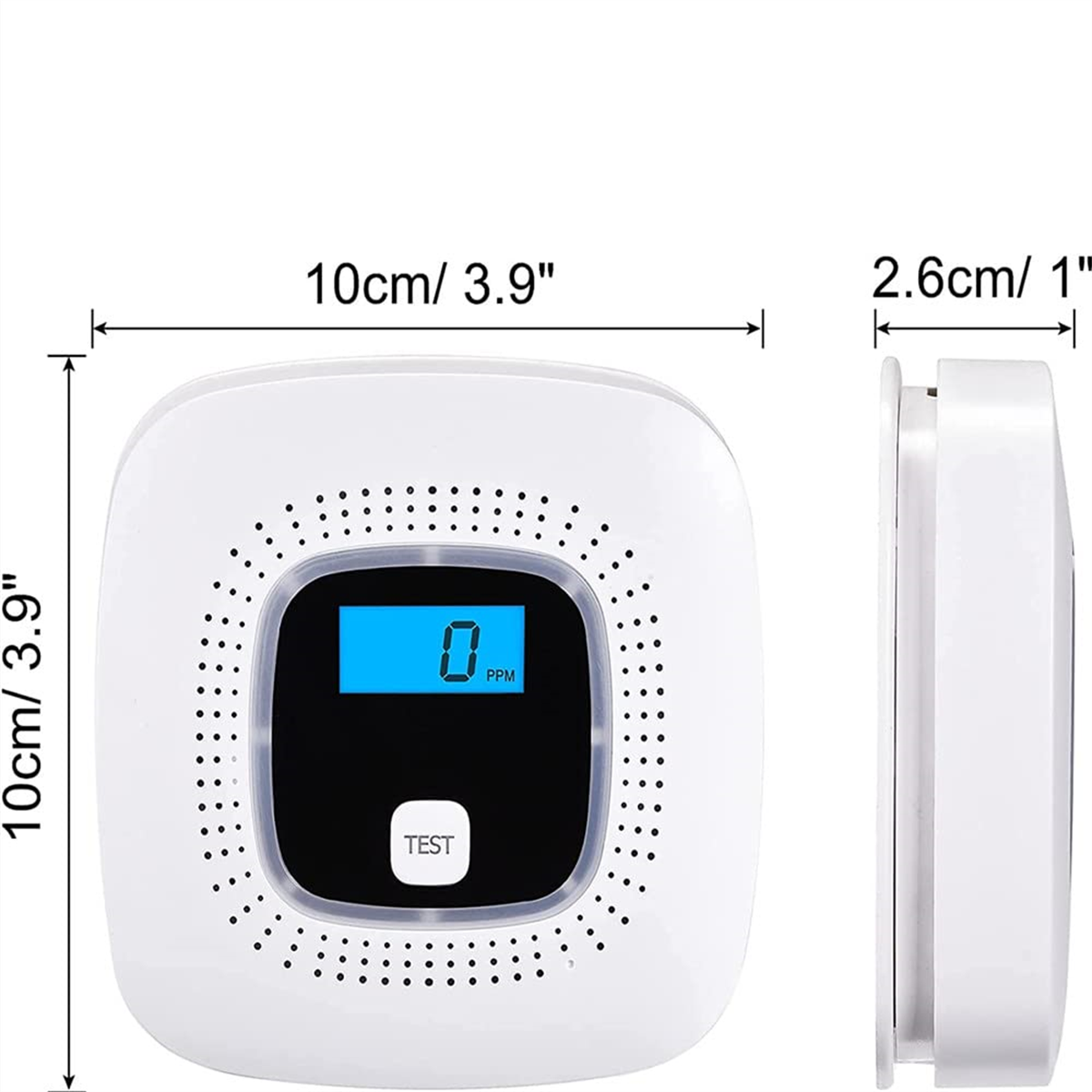 Weißer CO-Melder mit Display, zeigt 0 PPM, misst 10cm x 3.9in, 2.6cm/1in dick.
