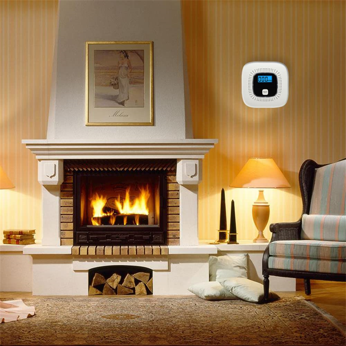 Wohnzimmer mit Kamin. Feuer brennt. Gemälde und CO-Alarm an der Wand.