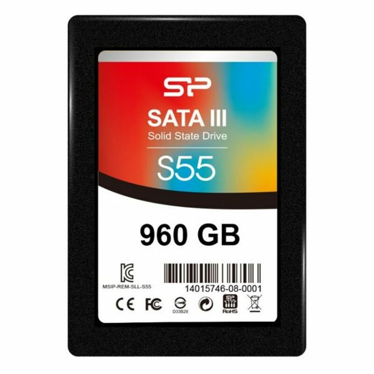 Czarny dysk SSD z kolorową etykietą z napisem 'SATA III', 'S55' i '960 GB'.