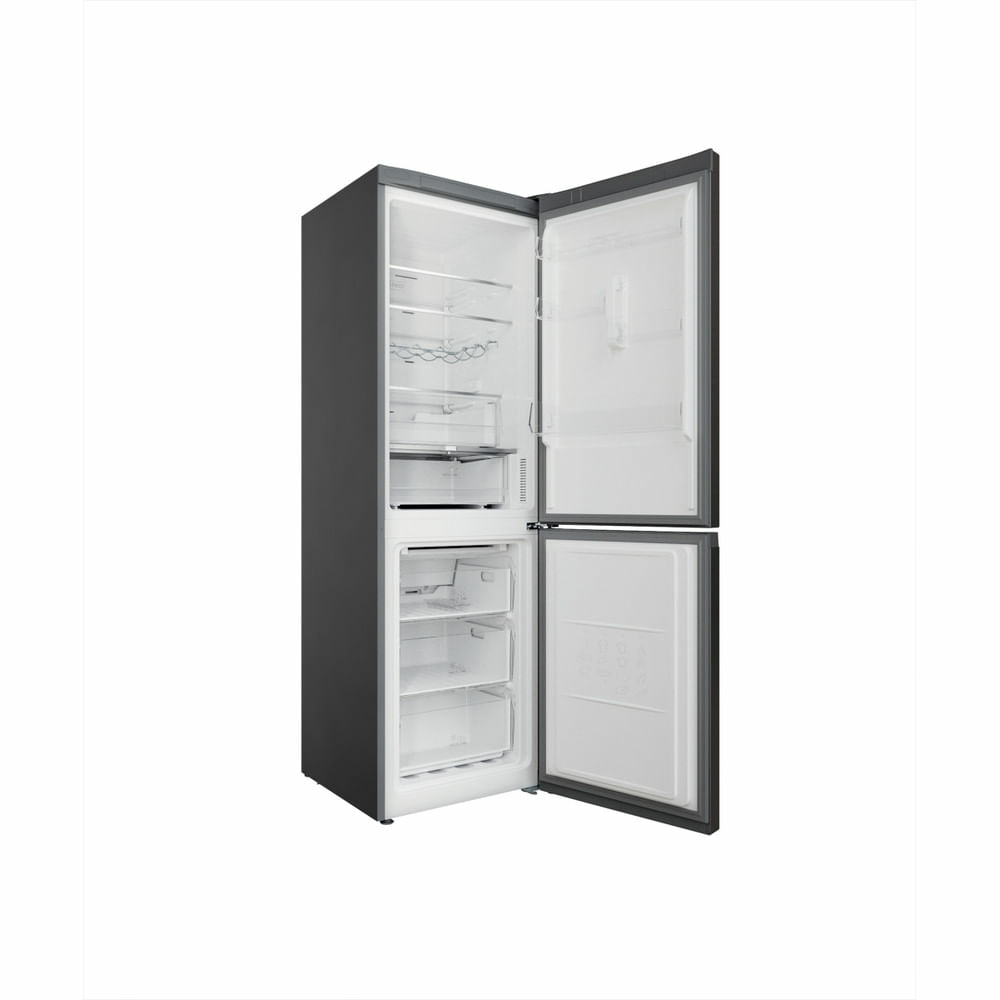 Un frigorifero con la porta aperta, che mostra ripiani e cassetti.