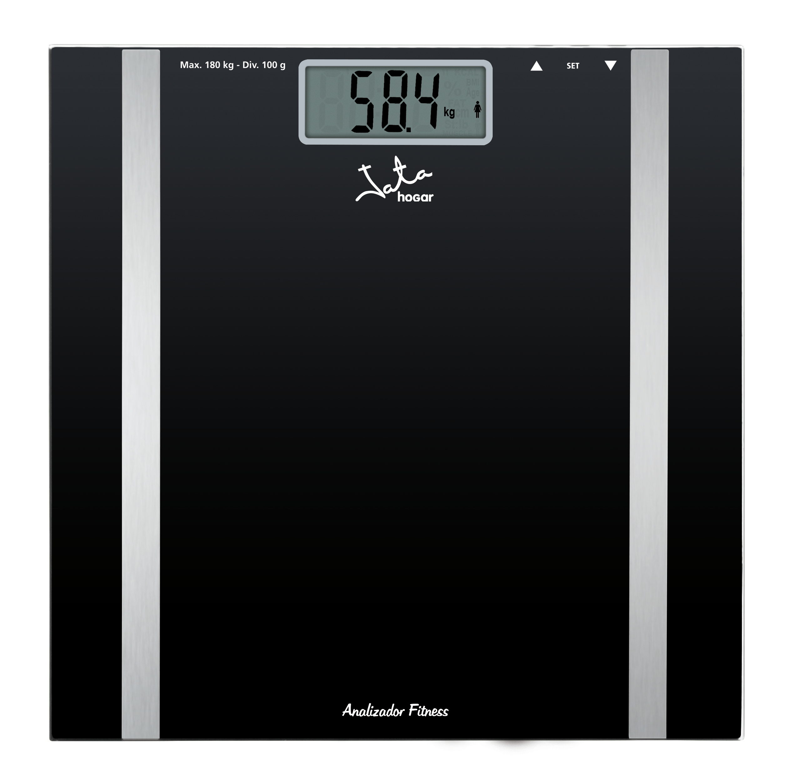 Cyfrowa waga łazienkowa wskazująca 58,4 kg. Czarno-srebrny design z logo Jata.