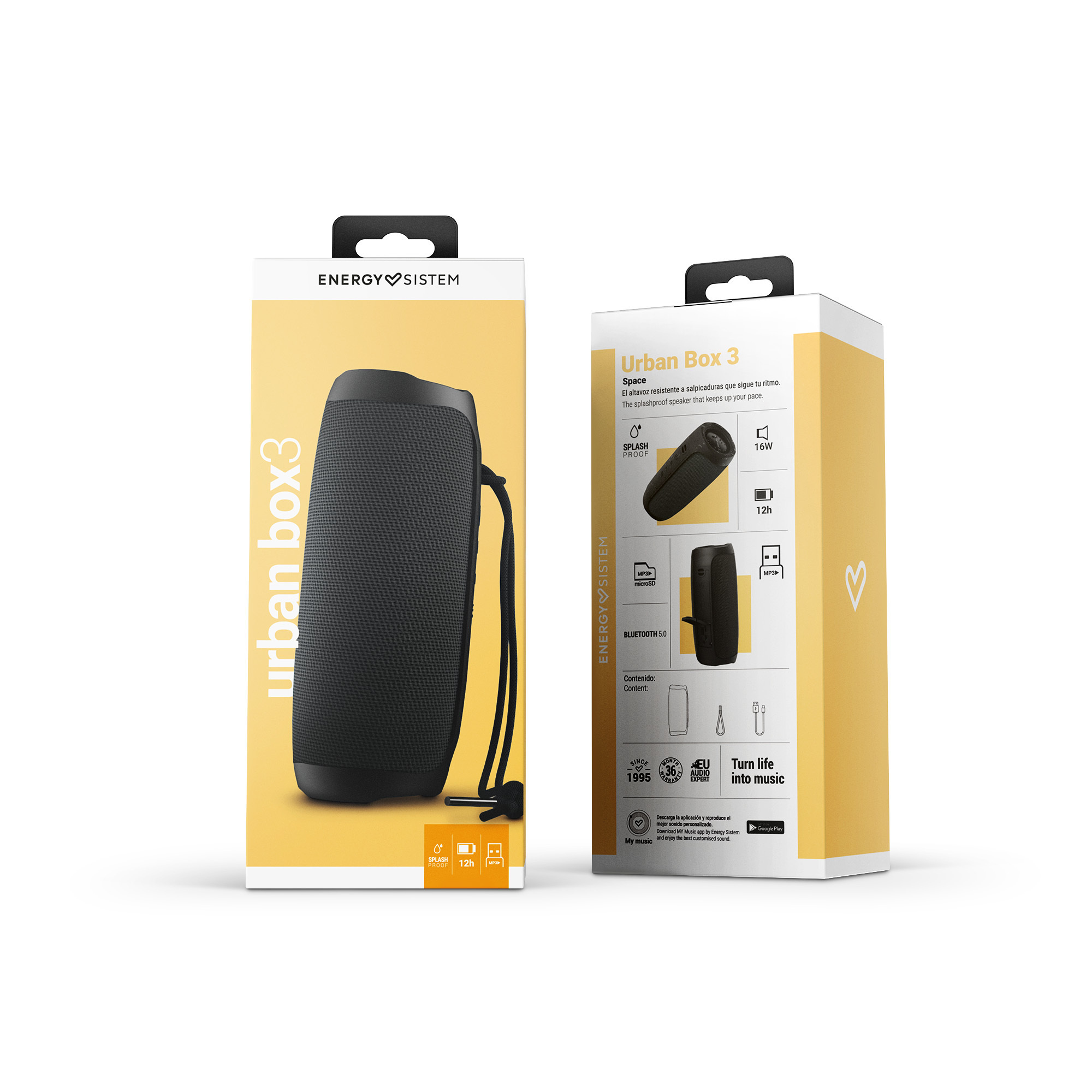 Czarny głośnik w pudełku. Pudełko ma uchwyt i tekst. Białe tło.